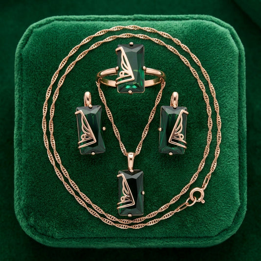 Schmuckset Grün Quadrat Zirkon Ring Ohrringe Halskette 585 Roségold Hochzeit