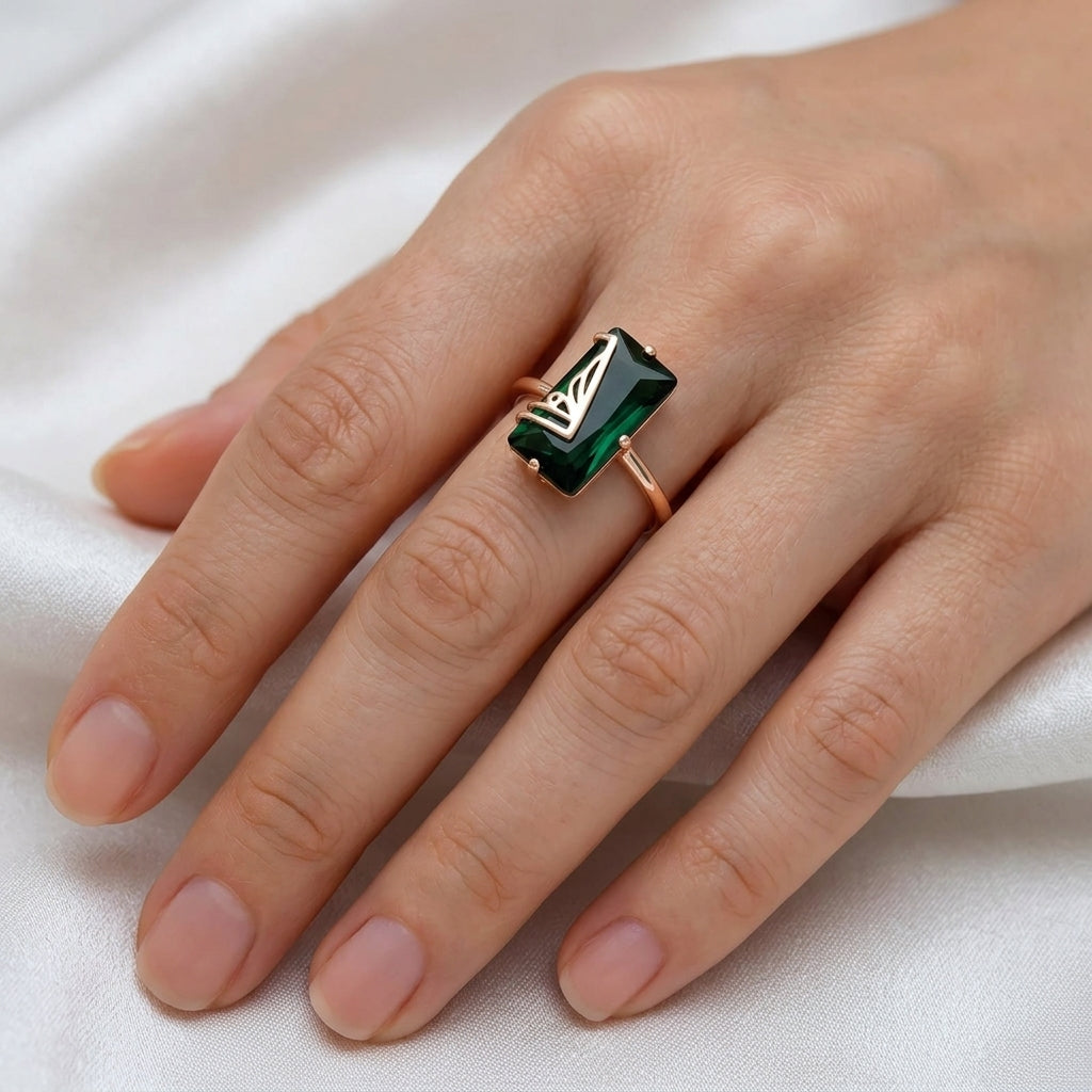 Schmuckset Grün Quadrat Zirkon Ring Ohrringe Halskette 585 Roségold Hochzeit