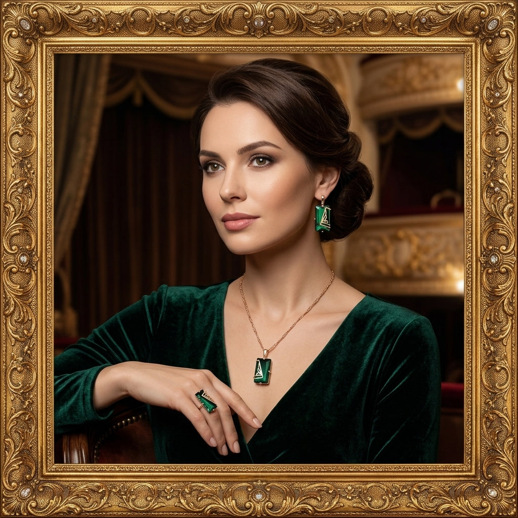 Schmuckset Grün Quadrat Zirkon Ring Ohrringe Halskette 585 Roségold Hochzeit