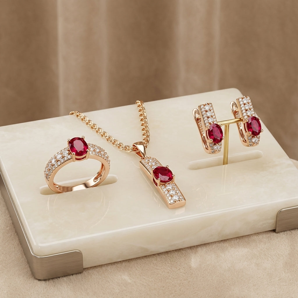 Schmuckset Rot Zirkon Ring Ohrringe Halskette 585 Roségold Hochzeit