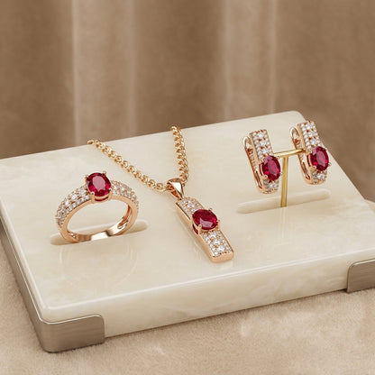 Schmuckset Rot Zirkon Ring Ohrringe Halskette 585 Roségold Hochzeit