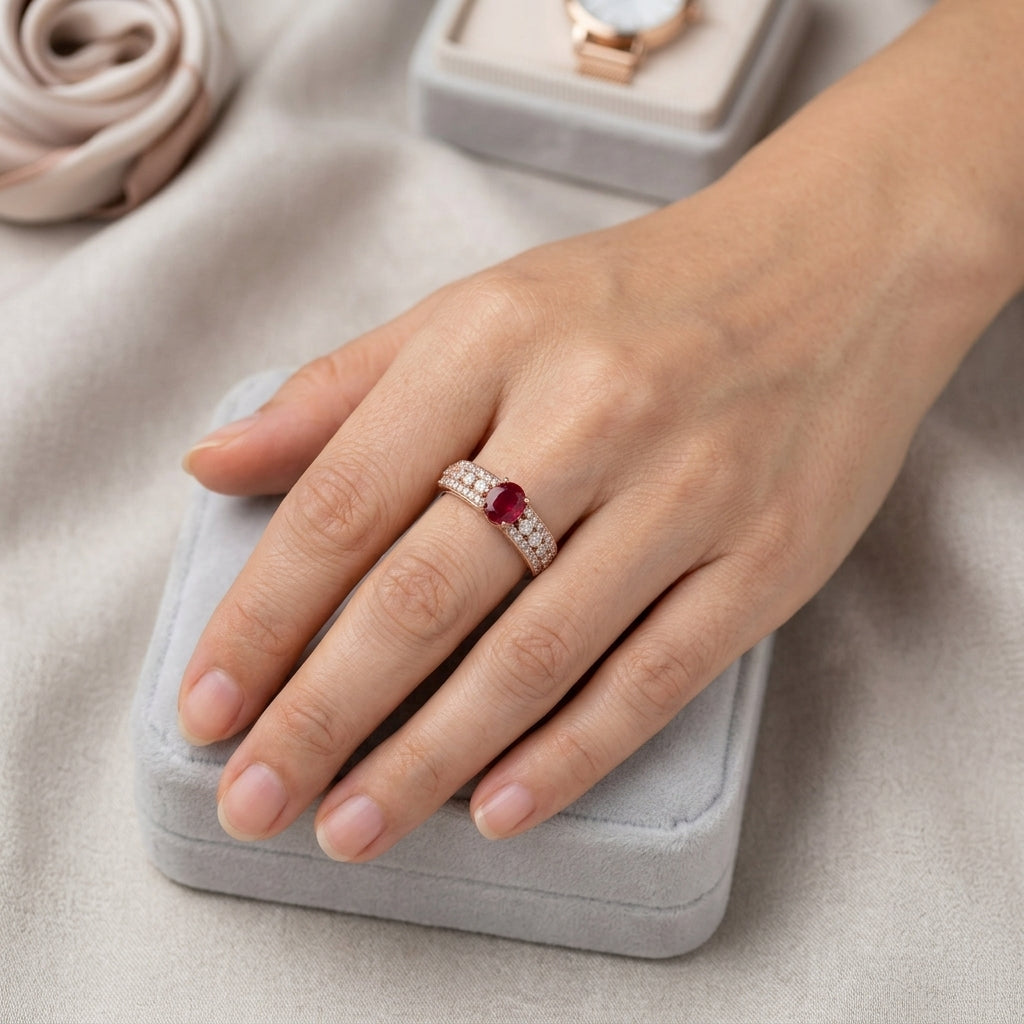 Schmuckset Rot Zirkon Ring Ohrringe Halskette 585 Roségold Hochzeit