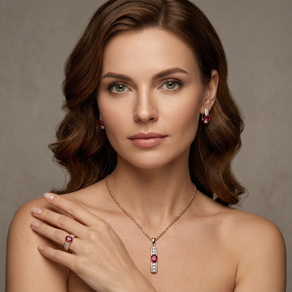 Schmuckset Rot Zirkon Ring Ohrringe Halskette 585 Roségold Hochzeit