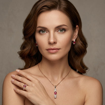 Schmuckset Rot Zirkon Ring Ohrringe Halskette 585 Roségold Hochzeit