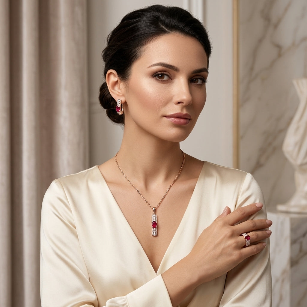 Schmuckset Rot Zirkon Ring Ohrringe Halskette 585 Roségold Hochzeit