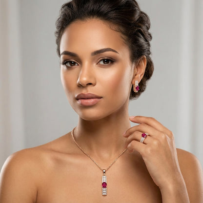 Schmuckset Rot Zirkon Ring Ohrringe Halskette 585 Roségold Hochzeit