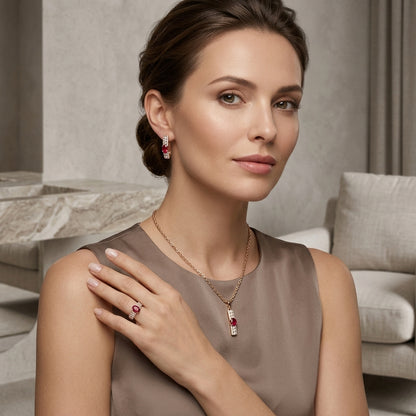 Schmuckset Rot Zirkon Ring Ohrringe Halskette 585 Roségold Hochzeit