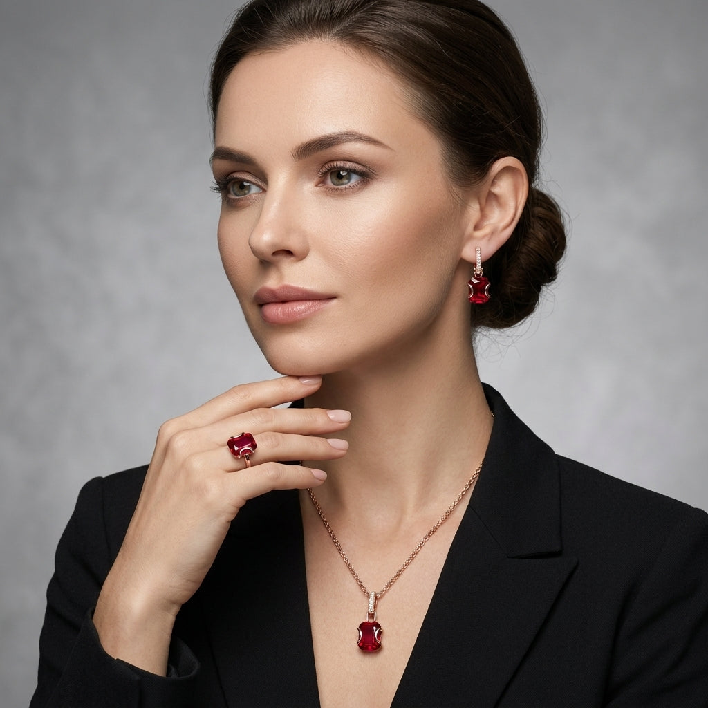 Schmuckset Rot Zirkon Ring Ohrringe Halskette 585 Roségold Vintage