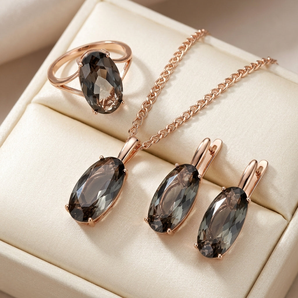 Schmuckset Grau Oval Zirkon Ring Ohrringe Halskette 585 Roségold