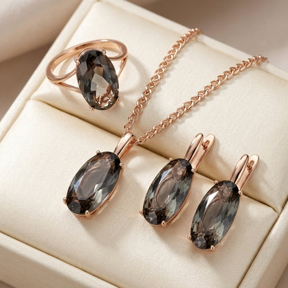 Schmuckset Grau Oval Zirkon Ring Ohrringe Halskette 585 Roségold