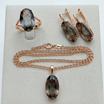Schmuckset Grau Oval Zirkon Ring Ohrringe Halskette 585 Roségold