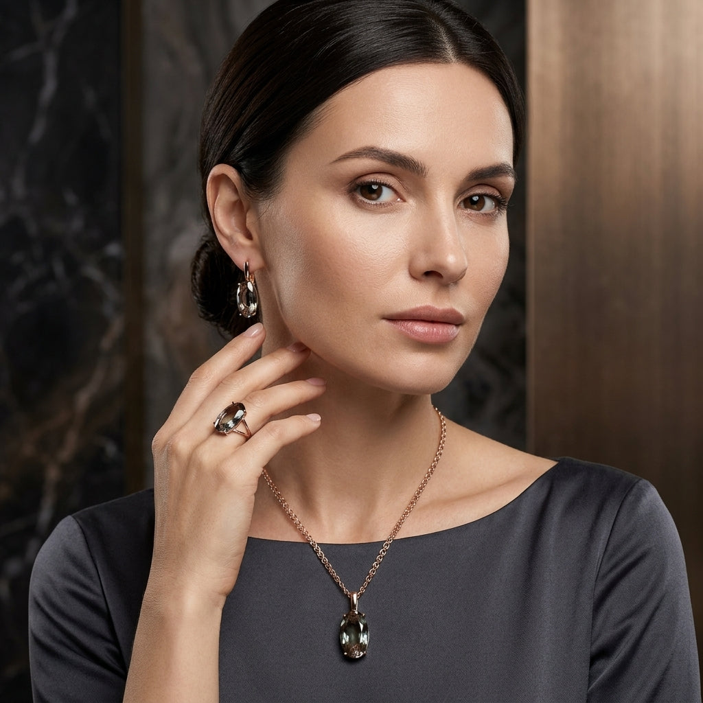 Schmuckset Grau Oval Zirkon Ring Ohrringe Halskette 585 Roségold