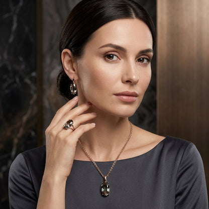 Schmuckset Grau Oval Zirkon Ring Ohrringe Halskette 585 Roségold