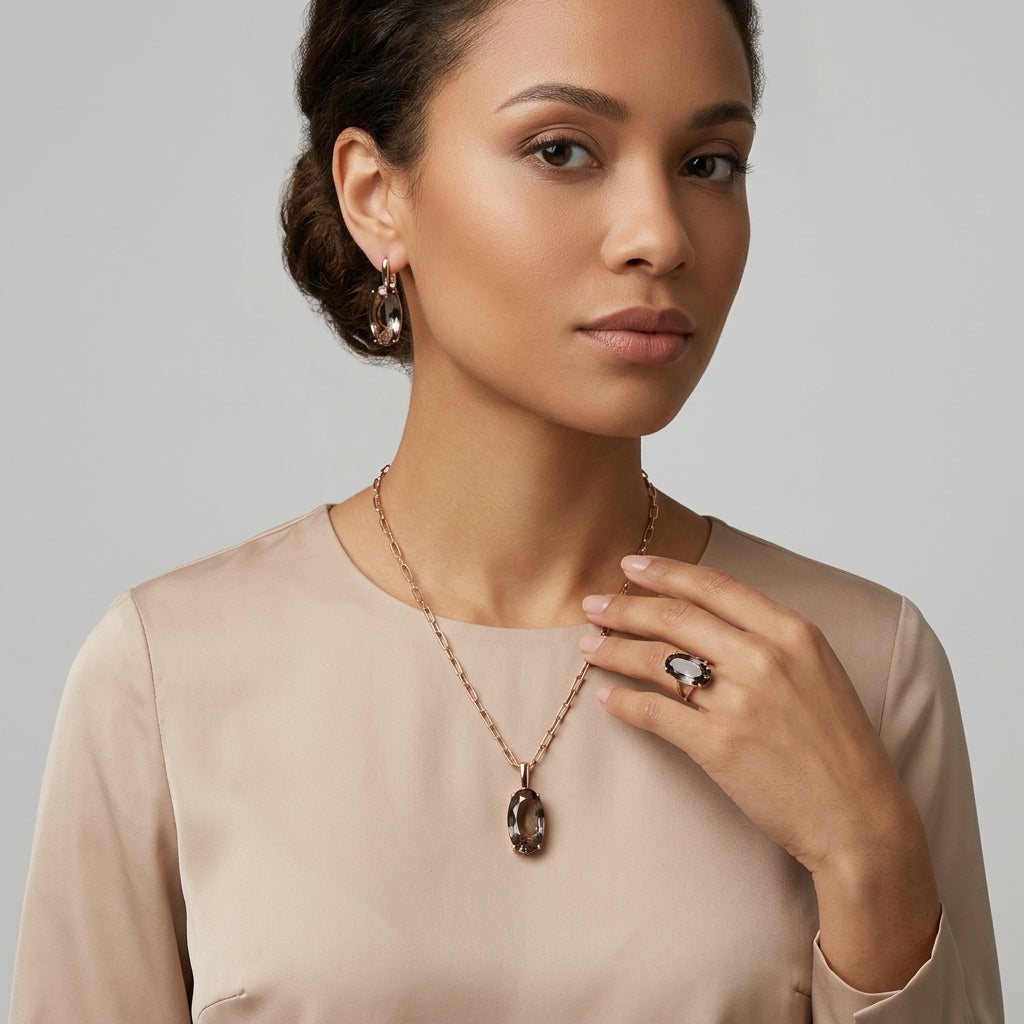 Schmuckset Grau Oval Zirkon Ring Ohrringe Halskette 585 Roségold