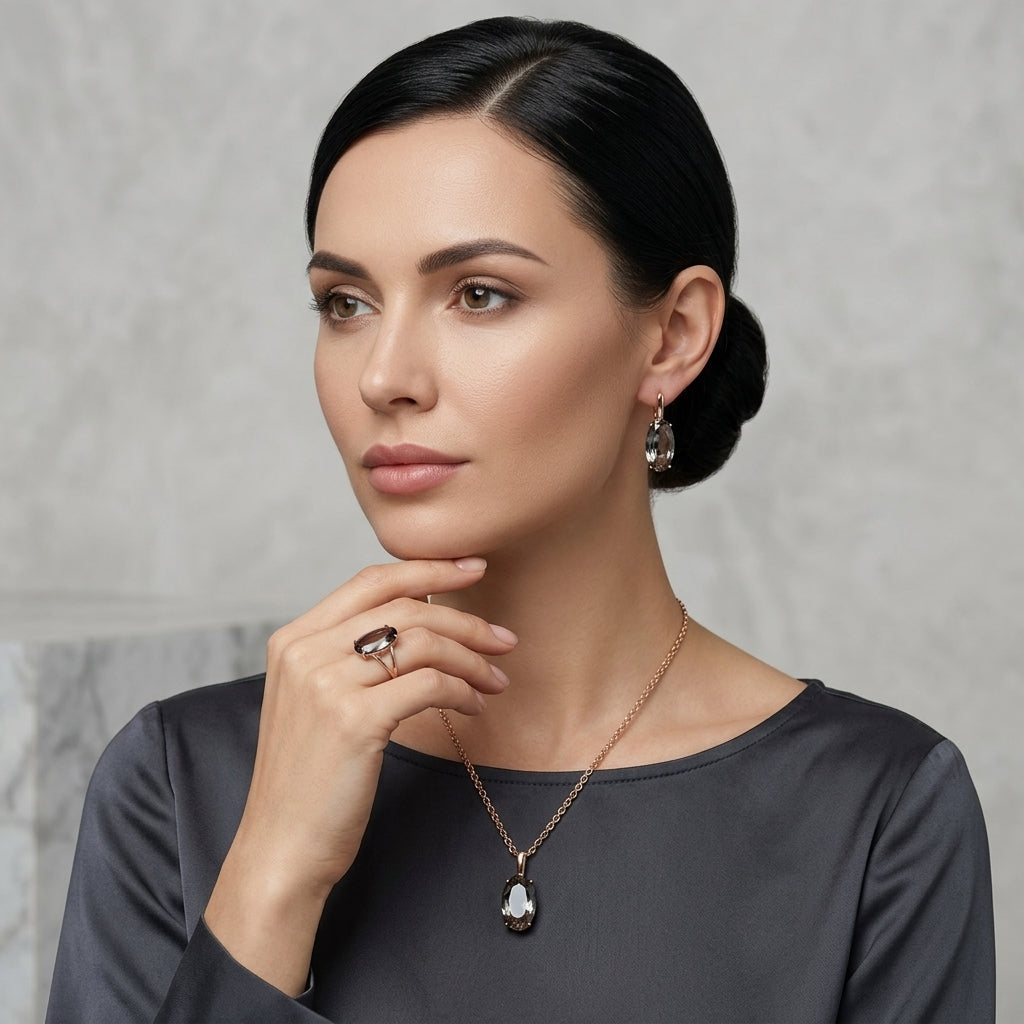 Schmuckset Grau Oval Zirkon Ring Ohrringe Halskette 585 Roségold