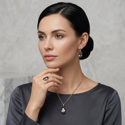 Schmuckset Grau Oval Zirkon Ring Ohrringe Halskette 585 Roségold