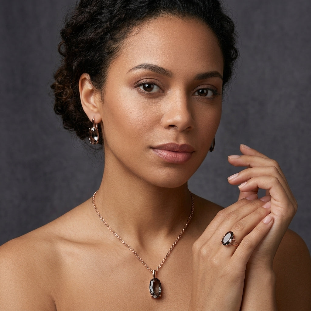Schmuckset Grau Oval Zirkon Ring Ohrringe Halskette 585 Roségold