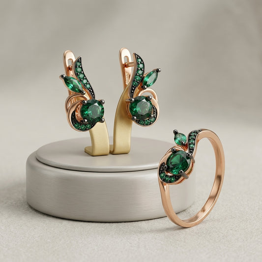 Schmuckset Grün Schwarz Zirkon Ring Ohrringe 585 Roségold Vintage