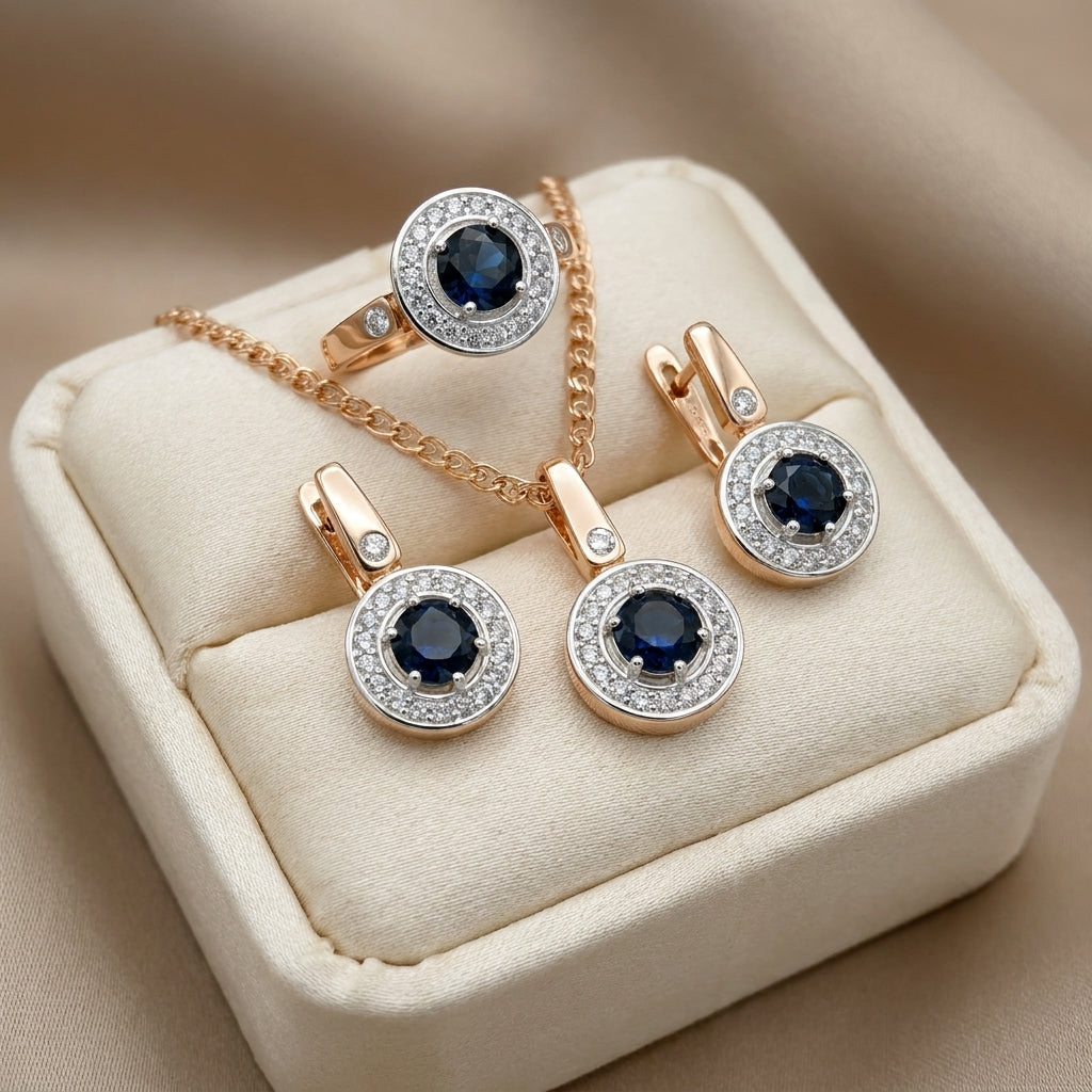 Schmuckset Blau Zirkon Ring Ohrringe Halskette 585 Roségold Hochzeit