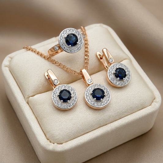 Schmuckset Blau Zirkon Ring Ohrringe Halskette 585 Roségold Hochzeit