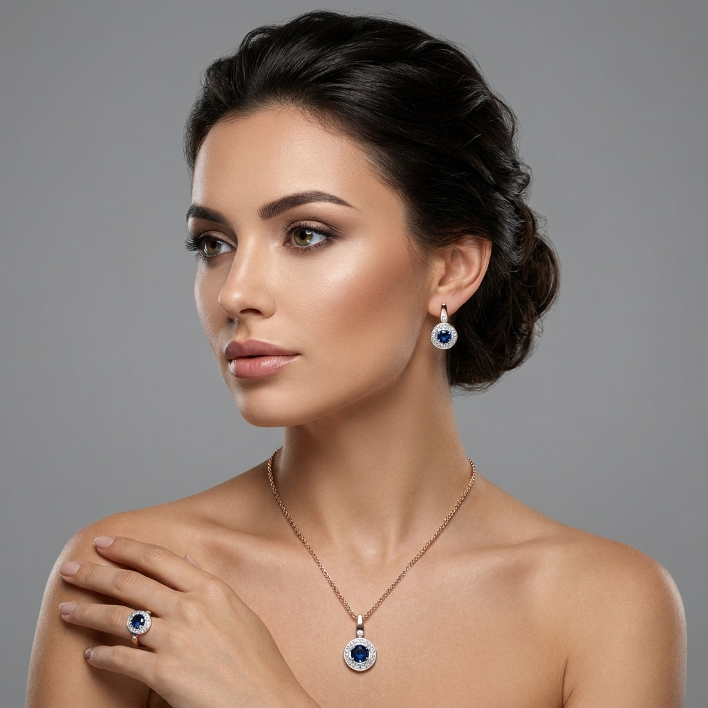 Schmuckset Blau Zirkon Ring Ohrringe Halskette 585 Roségold Hochzeit