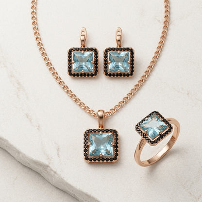 Schmuckset Blau Zirkon Ring Ohrringe Halskette 585 Roségold Glänzend