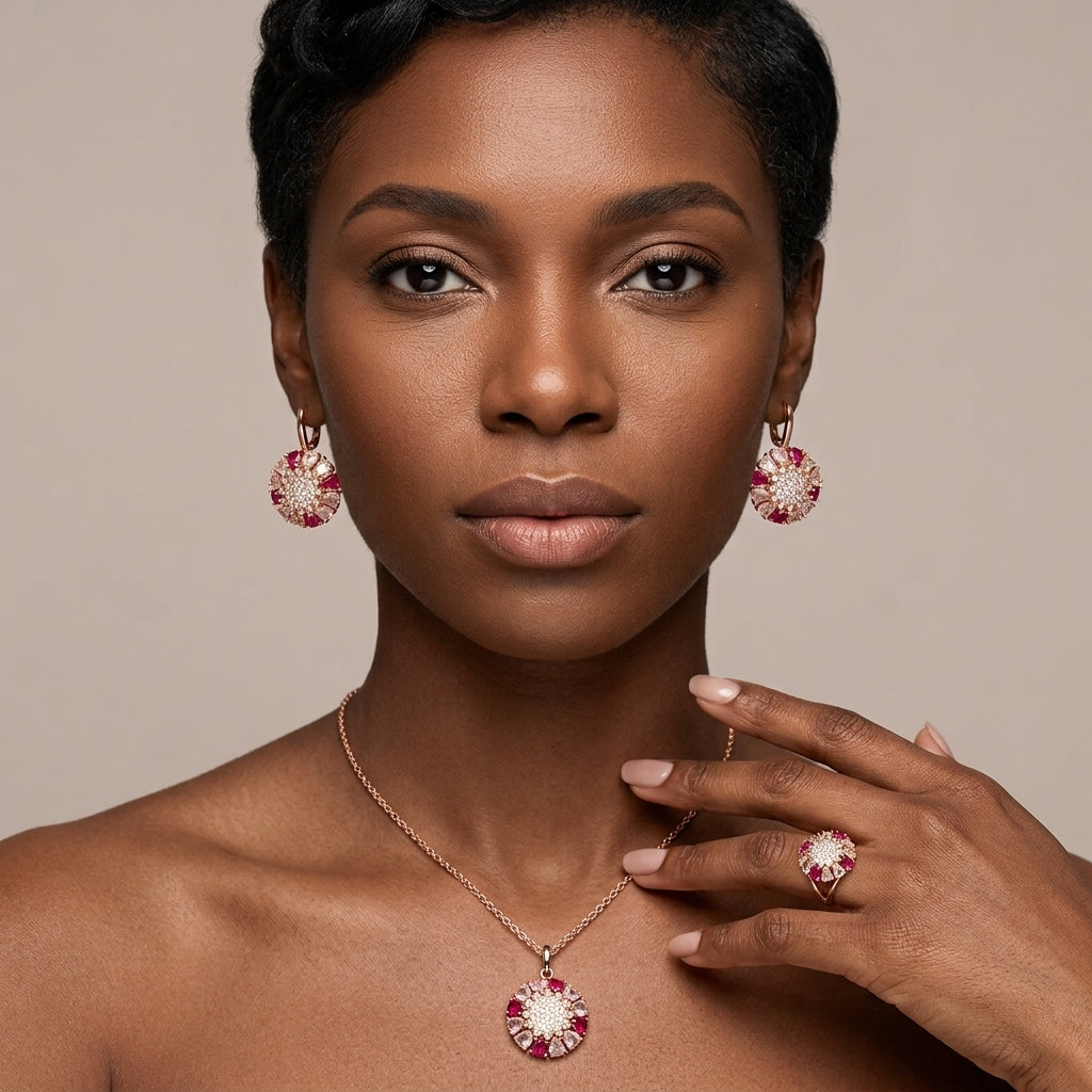 Schmuckset Bunt Zirkon Ring Ohrringe Halskette 585 Roségold