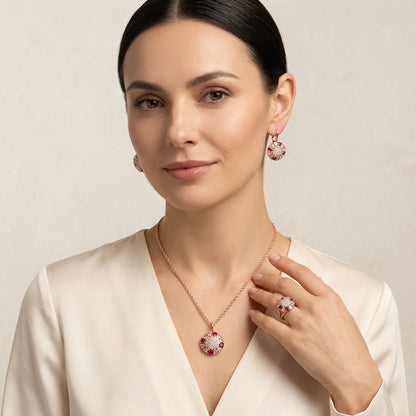 Schmuckset Bunt Zirkon Ring Ohrringe Halskette 585 Roségold