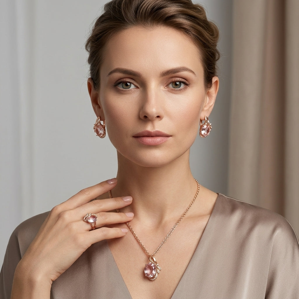 Schmuckset Rosa Zirkon Ring Ohrringe Halskette 585 Roségold Ethnisch