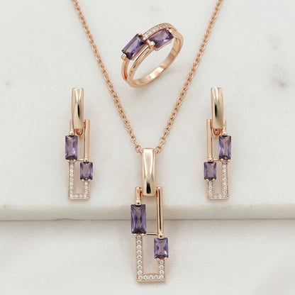 Schmuckset Lila Quadrat Zirkon Ring Ohrringe Halskette 585 Roségold Hochzeit