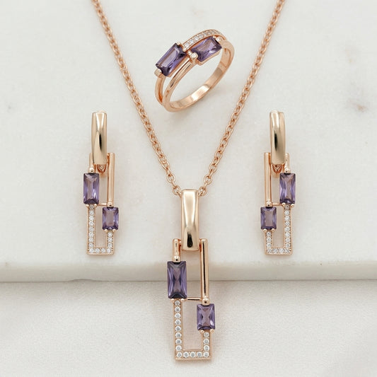 Schmuckset Lila Quadrat Zirkon Ring Ohrringe Halskette 585 Roségold Hochzeit