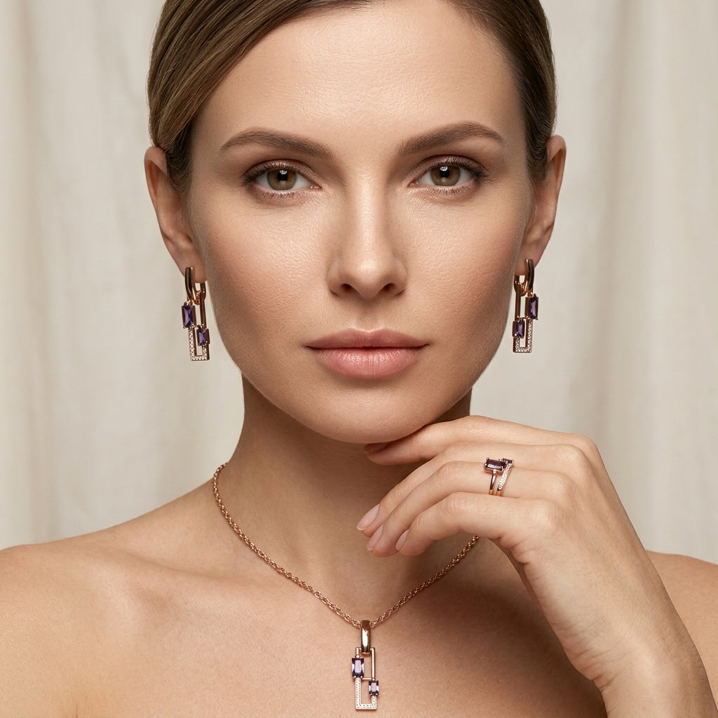Schmuckset Lila Quadrat Zirkon Ring Ohrringe Halskette 585 Roségold Hochzeit
