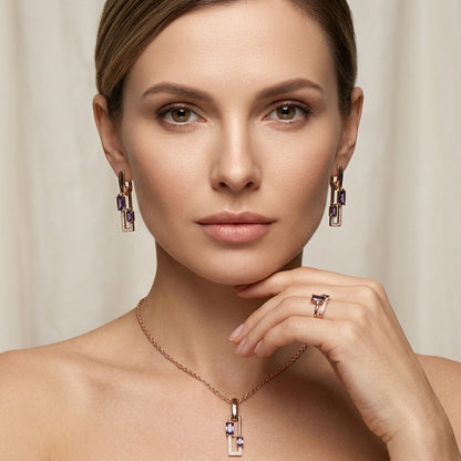 Schmuckset Lila Quadrat Zirkon Ring Ohrringe Halskette 585 Roségold Hochzeit