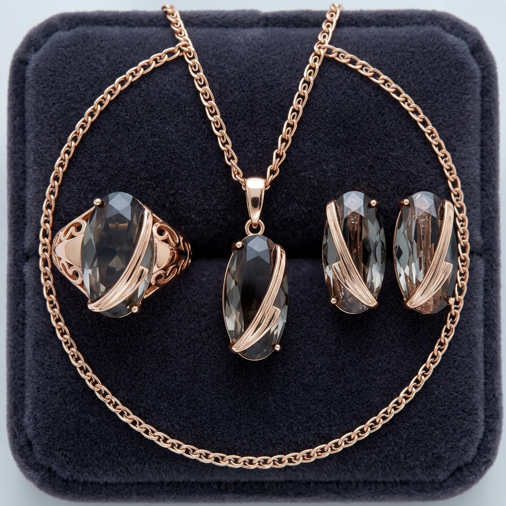 Schmuckset Grau Zirkon Ring Ohrringe Halskette 585 Roségold Vintage