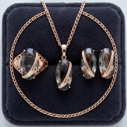 Schmuckset Grau Zirkon Ring Ohrringe Halskette 585 Roségold Vintage