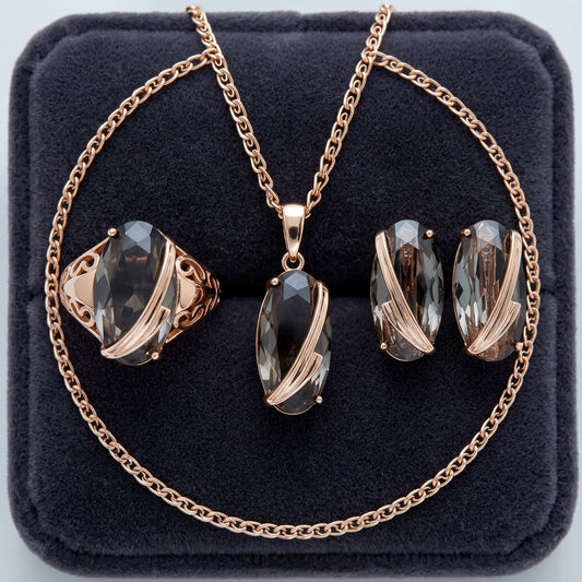 Schmuckset Grau Zirkon Ring Ohrringe Halskette 585 Roségold Vintage
