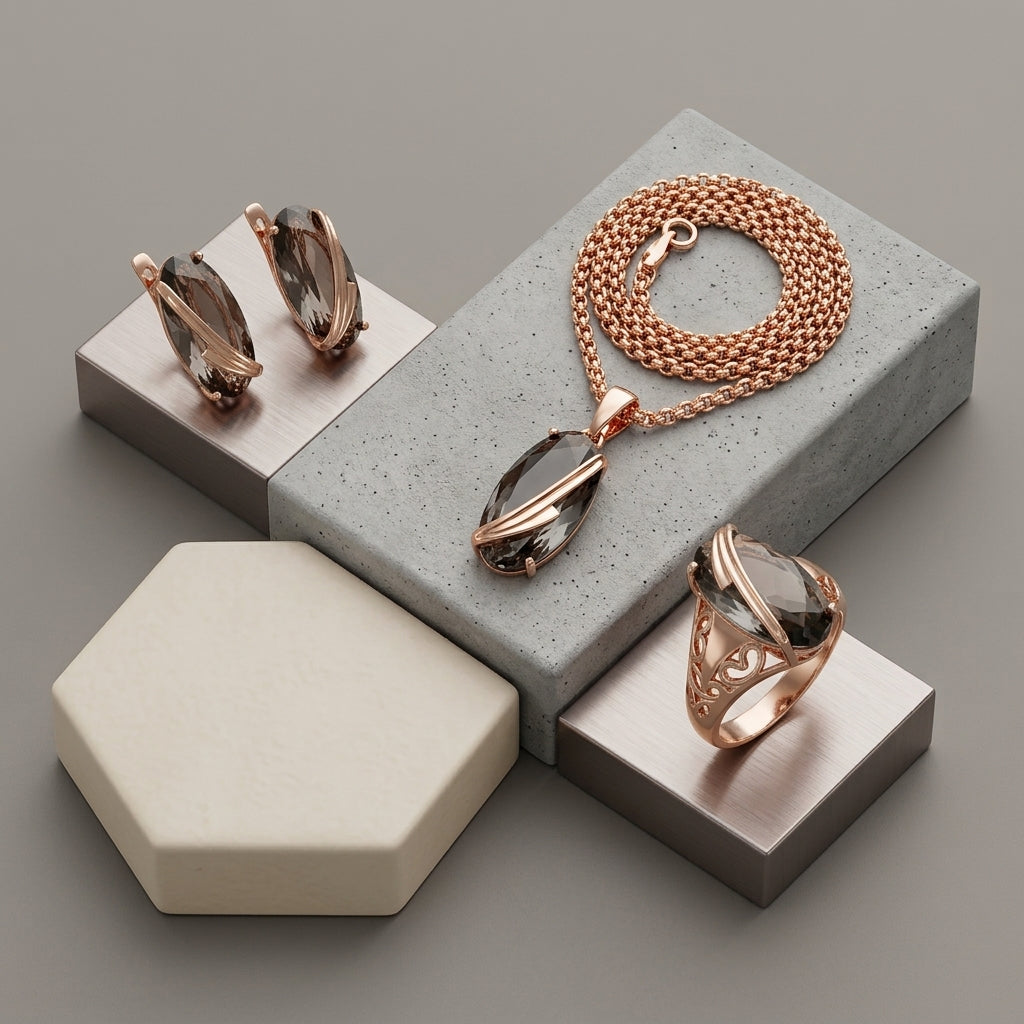 Schmuckset Grau Zirkon Ring Ohrringe Halskette 585 Roségold Vintage