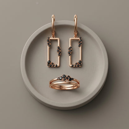 Schmuckset Schwarz Zirkon Ring Ohrringe 585 Roségold Vintage