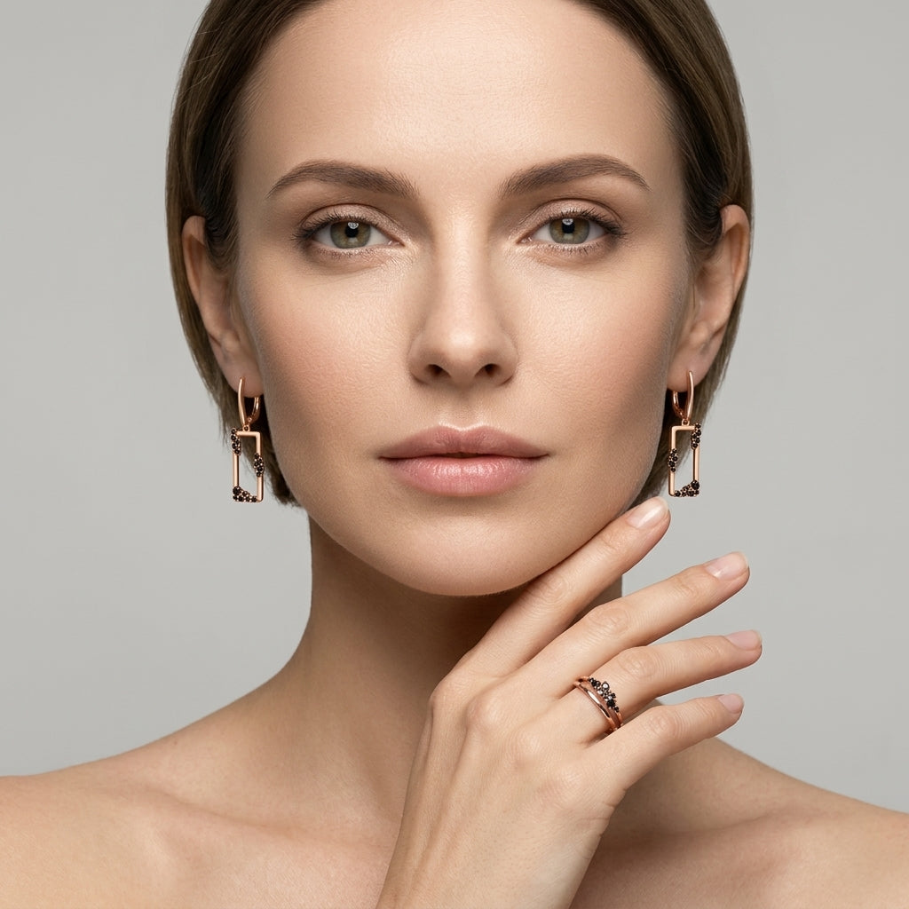 Schmuckset Schwarz Zirkon Ring Ohrringe 585 Roségold Vintage