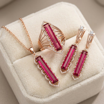 Schmuckset Rot Quadrat Zirkon Ring Ohrringe Halskette 585 Roségold Glänzend