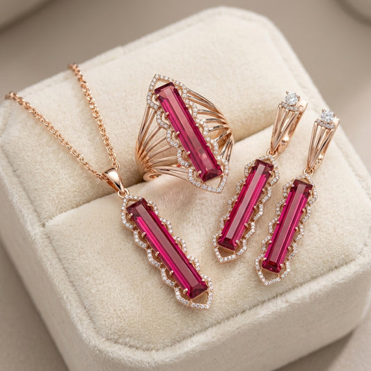 Schmuckset Rot Quadrat Zirkon Ring Ohrringe Halskette 585 Roségold Glänzend