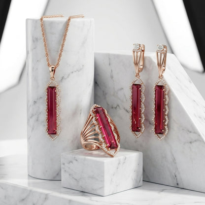 Schmuckset Rot Quadrat Zirkon Ring Ohrringe Halskette 585 Roségold Glänzend
