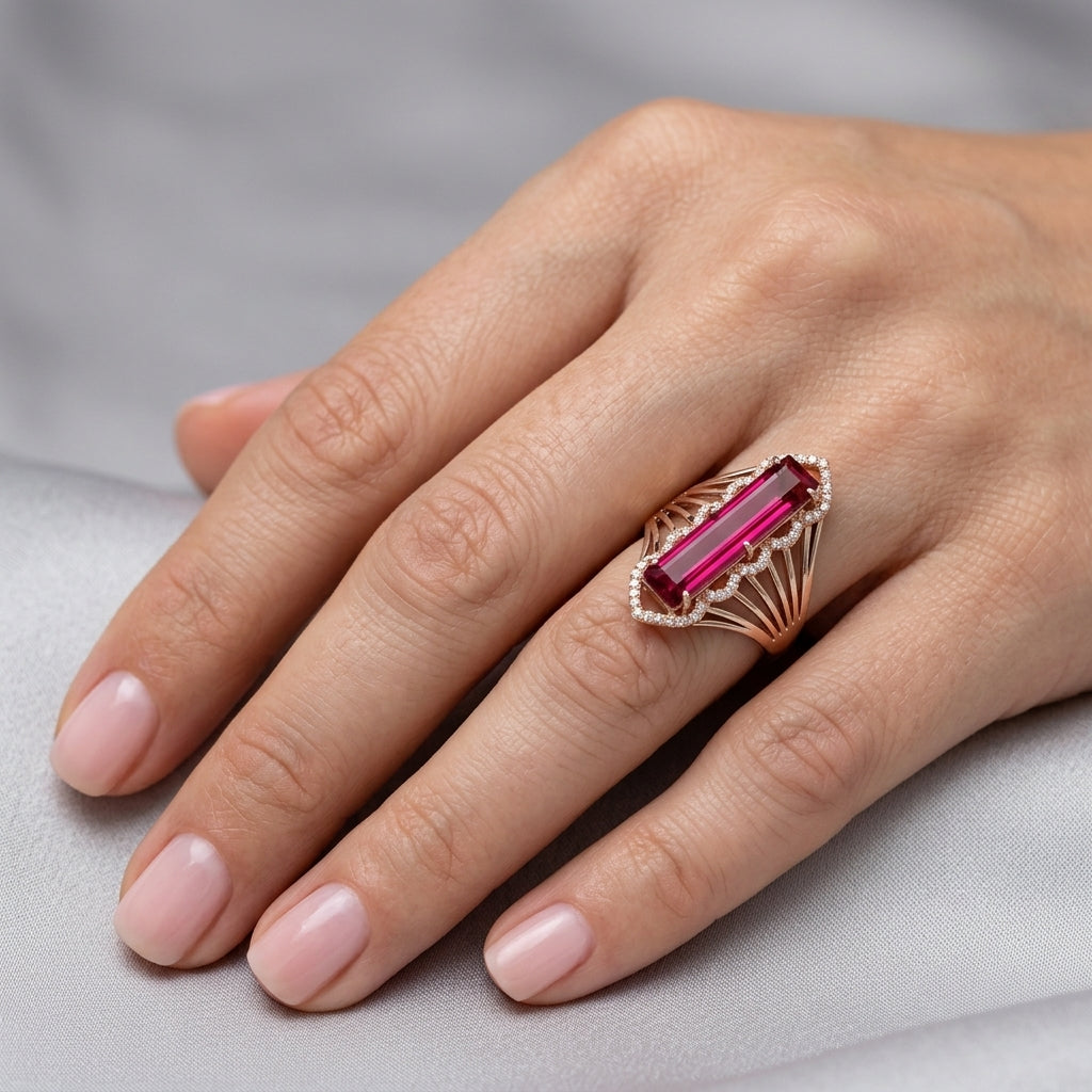 Schmuckset Rot Quadrat Zirkon Ring Ohrringe Halskette 585 Roségold Glänzend