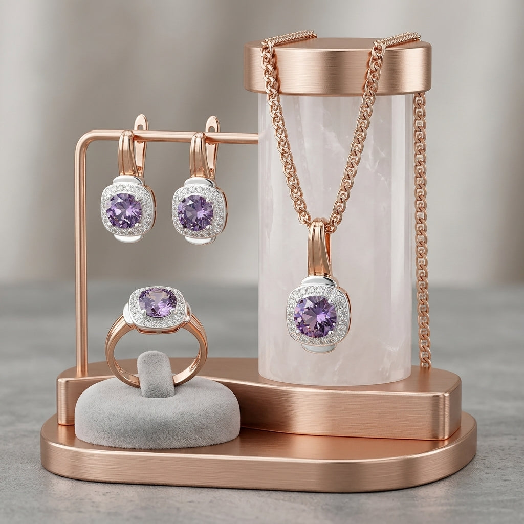 Schmuckset Lila Zirkon Ring Ohrringe Halskette 585 Roségold Hochzeit