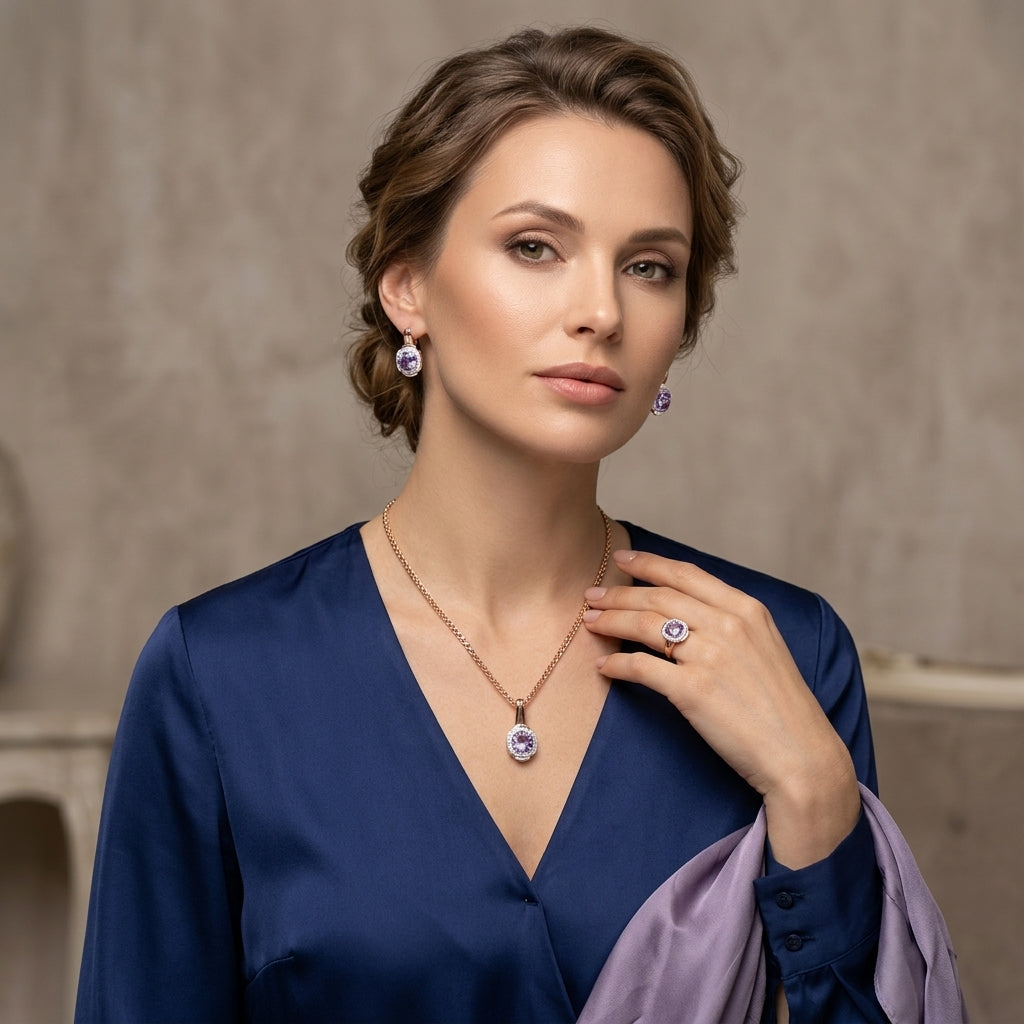Schmuckset Lila Zirkon Ring Ohrringe Halskette 585 Roségold Hochzeit