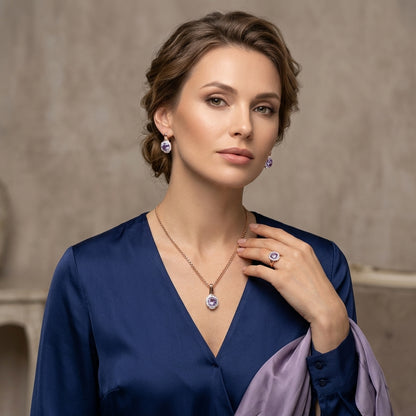 Schmuckset Lila Zirkon Ring Ohrringe Halskette 585 Roségold Hochzeit