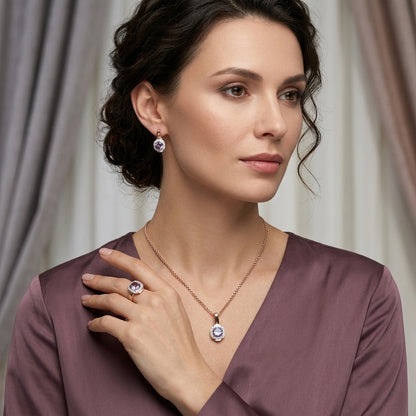 Schmuckset Lila Zirkon Ring Ohrringe Halskette 585 Roségold Hochzeit