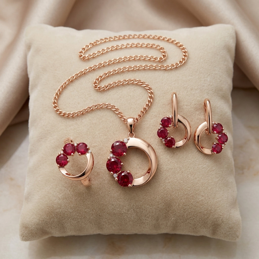 Schmuckset in Roségold mit rundem rotem Zirkon – Ring, Ohrringe und Halskette