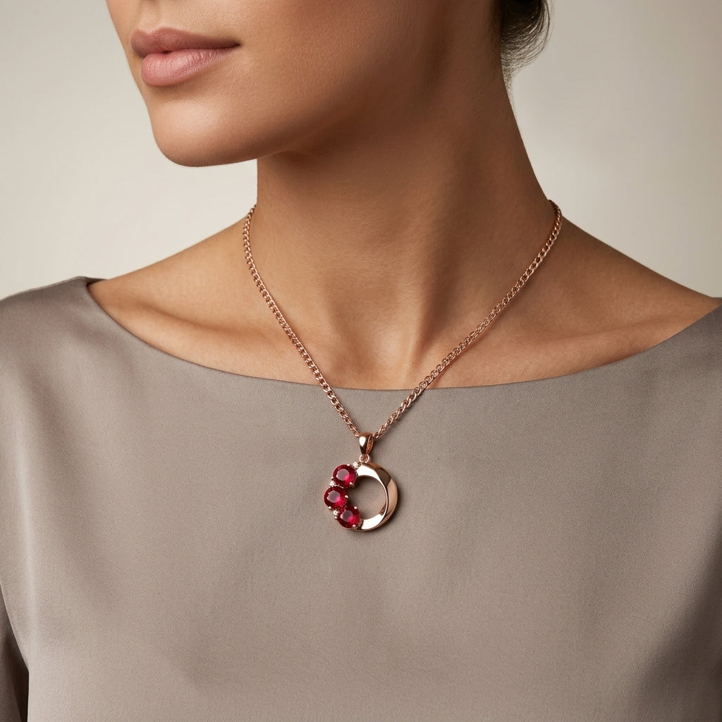Schmuckset Roter Zirkon Rund Roségold – Ring, Ohrringe & Kette