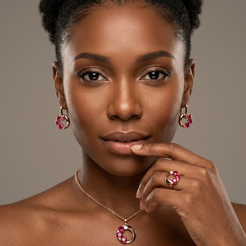 Schmuckset Roter Zirkon Rund Roségold – Ring, Ohrringe & Kette